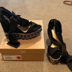 Christian Louboutin black ribbon wedges